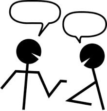 Two stick men interacting with one another. Speech bubbles can be seen floating above their heads and pointing to their mouths.