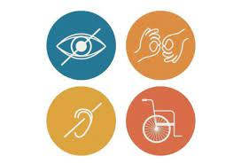 Four coloured circles detailing different physical needs, visual impairment, hard of hearing, sensory problems and movement related problems.